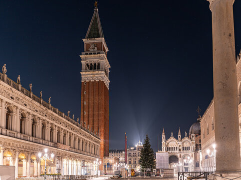 Campanile di San Marco in St Mark's Square (Piazza San Marco) illuminated on a winter night, Venice, Veneto, Italy