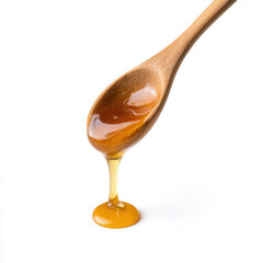 Honey dripping from wooden spoon on white background