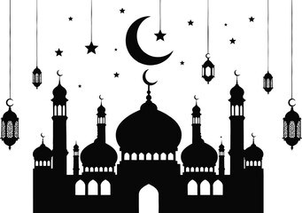 Black silhouette of a mosque with domes and minarets under a crescent moon and stars with hanging lanterns © Shamimara creative 