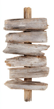 Rustic wooden sign made from weathered driftwood planks on white background