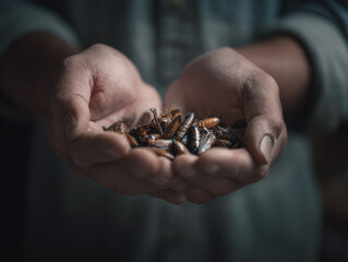 Hands holding edible insects as an alternative protein source, representing sustainable food, future nutrition, and innovative protein consumption concepts.
