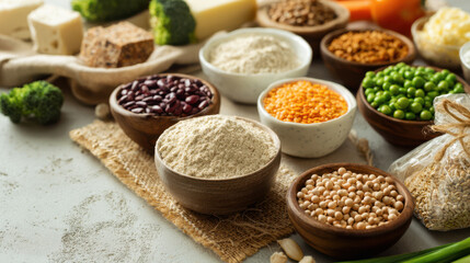 Assorted plant-based protein sources including legumes, grains, and flours arranged as sustainable food ingredients for alternative nutrition and healthy diet concepts.