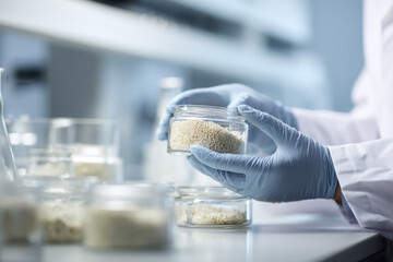 Scientist holding a glass jar with cultivated protein samples in a modern food technology laboratory, representing alternative protein research and sustainable food innovation.