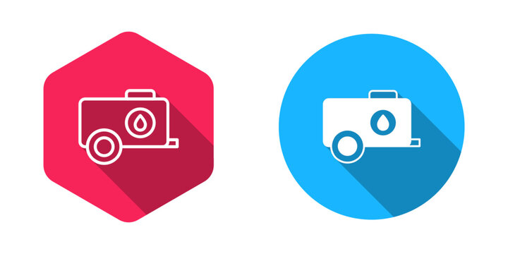 Filled and outline Mobile water tank - bowser icon isolated with long shadow background. Water tank delivering water. Vector