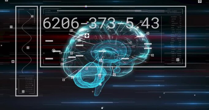 On data input cyan hologram brain rotating pulsing lighting nodes updating readouts for diagnostics
