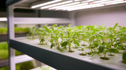 Young plants growing under LED lights in an indoor vertical farm, representing sustainable agriculture, food technology, and modern farming innovation.
