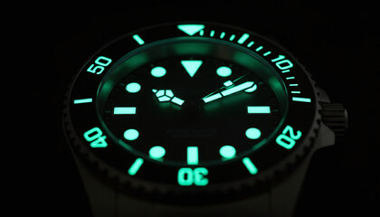 Luxury diver watch face with bright green glowing lume in the dark