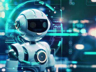 Friendly AI robot assistant with futuristic interface representing artificial intelligence, automation technology and smart digital innovation.