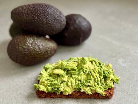 Close-up of a slice of toasted rye bread with mashed avocado and fresh avocados on a kitchen worktop