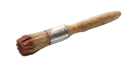 Fototapeta premium Old used paint brush with brown paint on its bristles, isolated on black, transparent PNG cutout background