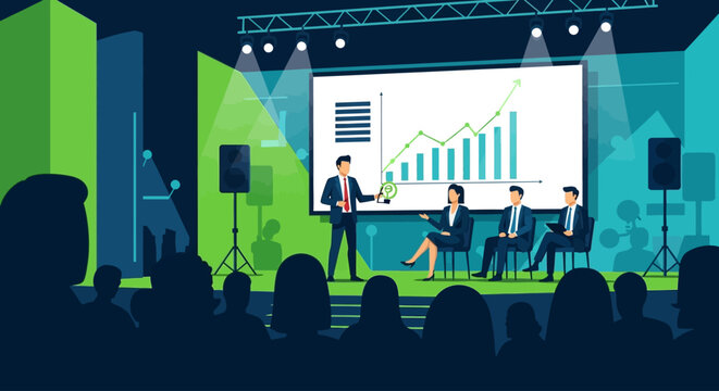 An engaging flat design illustration depicting a startup pitch competition at a major entrepreneurial event, where an innovator presents their business concept to a panel of judges