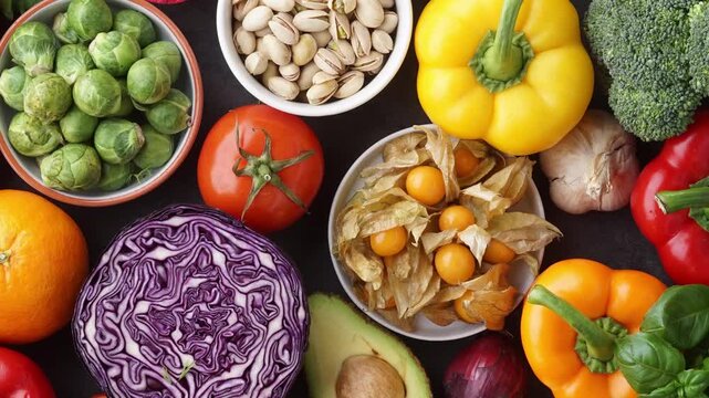 Healthy eating ingredients: fresh vegetables, fruits and superfood. Nutrition, diet, vegan food concept.
