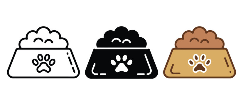Dog food bowl icons in white, black, and brown with paw print, modern vector graphics for pet stores, veterinary clinics, dog care, feeding time, and social media content.