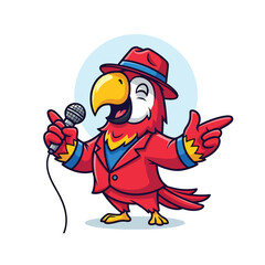 Naklejka premium Cheerful cartoon parrot character singing into microphone with fedora hat; vibrant vector illustration of a performer.