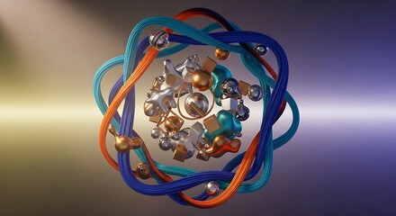 Dynamic Assemblage of Geometric Forms and Twisted Strands in Vivid Hues