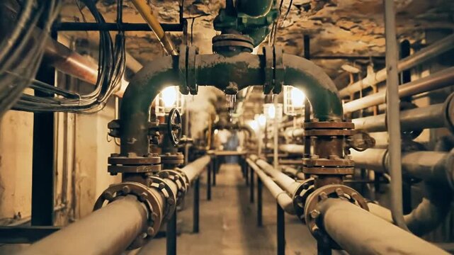 Underground tunnel with pipes and cables, lit by a single overhead light, featuring large metal pipes on both sides