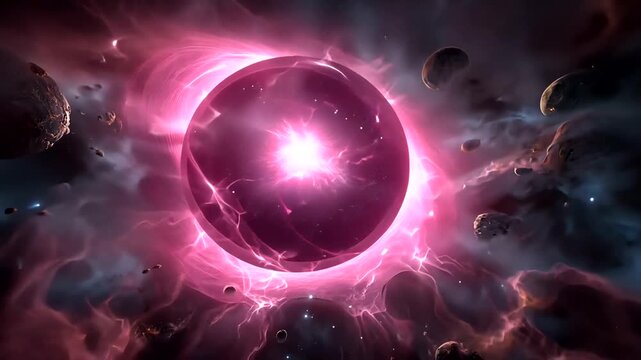 A cosmic scene, featuring a vibrant pink orb with surrounding nebula and celestial bodies