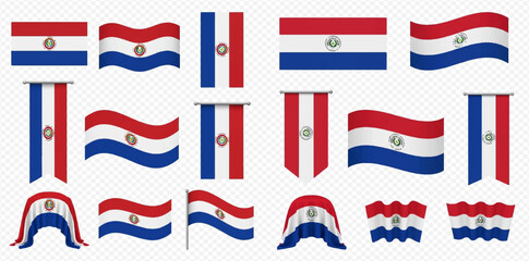 Set of Paraguay flags in various shapes and styles on a transparent background, representing national identity and patriotism.