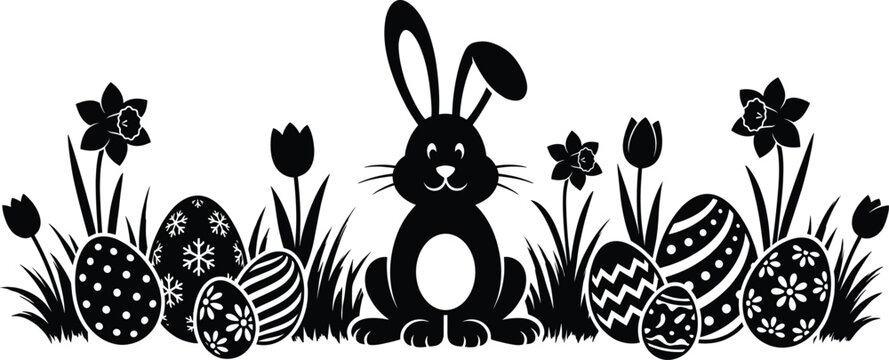 Easter bunny silhouette with decorated eggs, spring flowers, tulips, daffodils, and grass border, festive holiday nature scene background