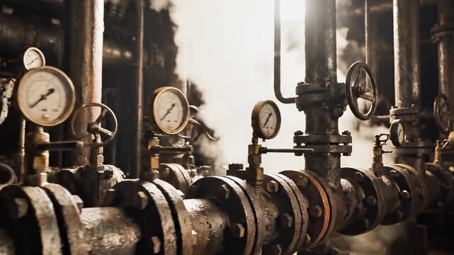 Industrial pipes with valves and steam emission in a factory setting