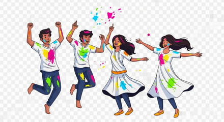 People celebrating Holi festival happy friends covered in colorful powder jumping and dancing with joy vector illustration