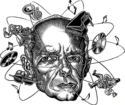 head of the composer bela bartok, orbited by elements from his biography 