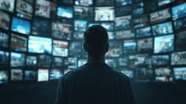 Viewer stands in front of many screens showing news, reflecting on the overwhelming flow of information in modern media landscape