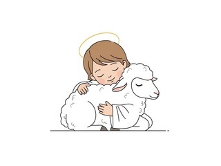 Obraz premium Child angel hugging sheep. Cute cartoon illustration for religious themes, nursery decor, Christmas, Easter, and childrens book.