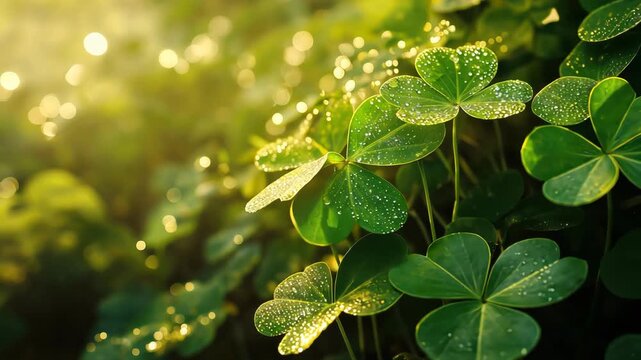 St. Patrick's Day symbol. Close-up of a four-leaf clover with dewdrops. Generated AI