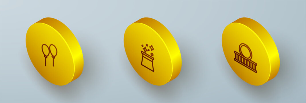 Set Isometric line Balloons with ribbon, Magician hat and Roller coaster icon. Vector
