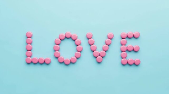 The word love spelled out in pink circular candies against a light blue background
