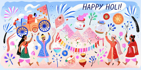 A colorful illustration depicting the vibrant celebration of the holi festival