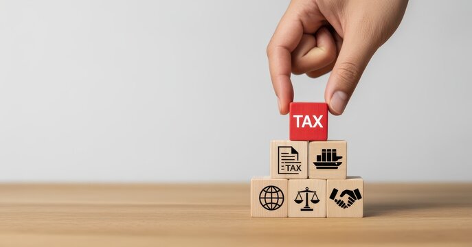 Hand placing a red block with the word tax on a pile of wooden blocks