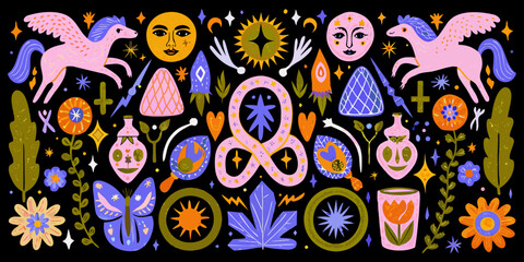 Whimsical illustration featuring celestial bodies mythical creatures and botanical elements