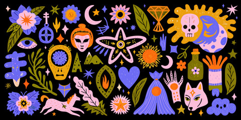 Fototapeta premium Mystical illustration featuring celestial bodies floral designs and symbolic objects