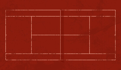 Top view of clay court tennis court with white boundary lines on red clay surface. Textured sports court background with worn details suitable for tennis concept