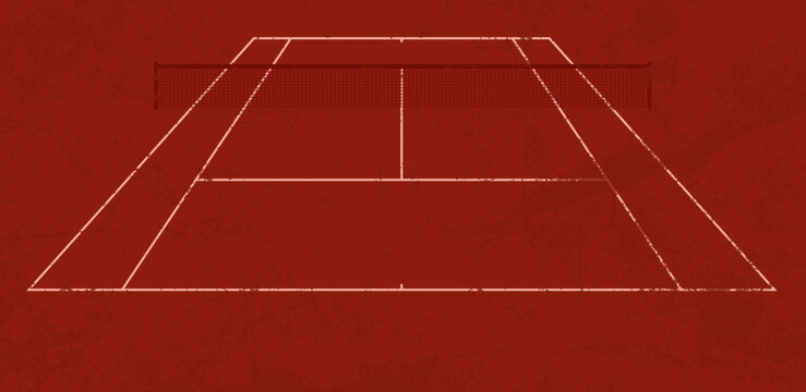 Perspective view of a red clay tennis court with worn white lines and central net, textured surface style, ideal for sports backgrounds