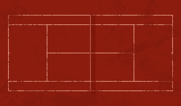 Top view of clay court tennis court with white boundary lines on red clay surface. Textured sports court background with worn details suitable for tennis concept