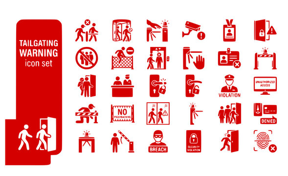 Tailgating Warning Security-Breach Unauthorized-Entry Access-Violation Piggybacking-Prevention Sneaking-Behind Prohibited-Entry Vector Icon Set - Access Violation