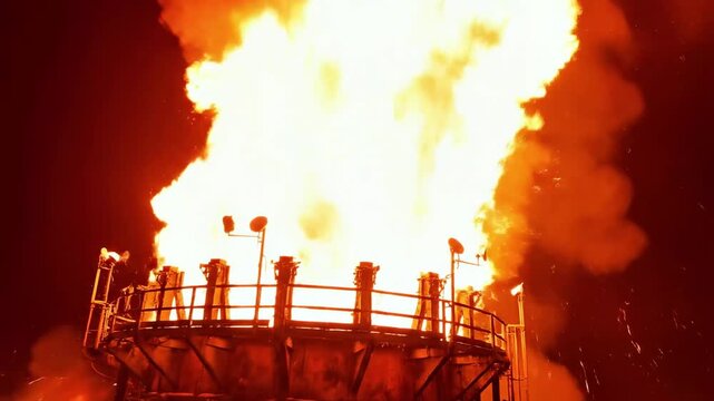 A large fire burns on a circular metal platform surrounded by sparks and flames