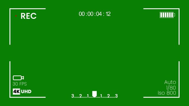 Camera viewfinder, camera streaming recorder, footage. Dslr camera frame viewfinder, Video camera recorder screen overlay, rec text camera recording icon blink animation on green screen in 4K