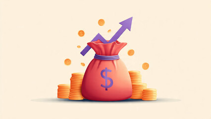A modern money bag with an upward arrow surrounded by coins representing investment growth and financial success