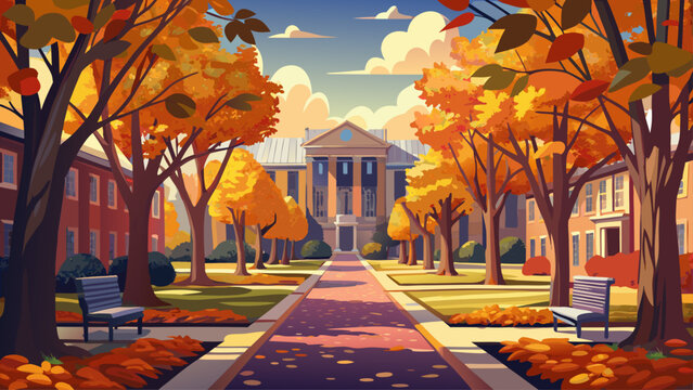 Very beautiful autumn alley within the Penn State University campus, framed by colorful trees and soft sunlight, offering a calm academic atmosphere that enhances daily student experience.