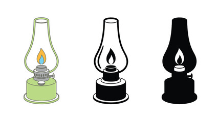 Three illustrations of an oil lamp, including a colored version, a line drawing, and a silhouette.