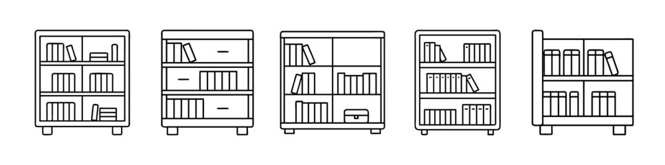 Set of line art vector icons for bookshelves filled with books