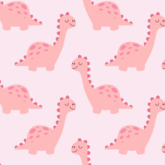 Seamless repeating pattern with cute pink dinosaurs in flat cartoon style on soft pastel background. Perfect for kids design, fabric, wallpaper, nursery decor and stationery. © Colomba Rossa