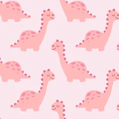 Seamless repeating pattern with cute pink dinosaurs in flat cartoon style on soft pastel background. Perfect for kids design, fabric, wallpaper, nursery decor and stationery. © Colomba Rossa