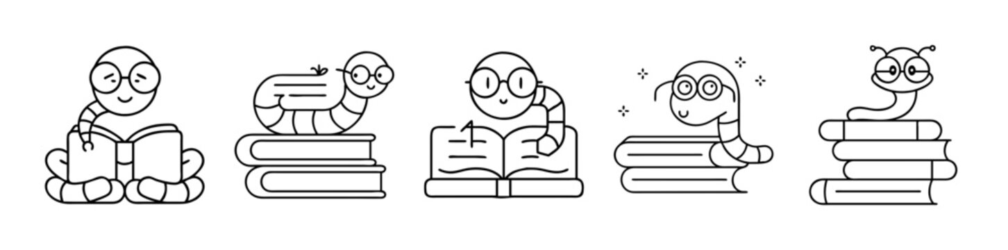 Adorable bookworm characters reading, learning, and studying