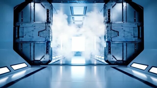 A futuristic corridor with metallic walls and floor, illuminated by rectangular lights, with fog wafting through it, leading to a bright exit
