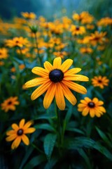 Obraz premium Vibrant black-eyed Susan flower blooming in a lush summer meadow with morning dew